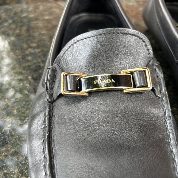 AUTH PRADA LEATHER LOGO LOAFER/BUSINESS SHOE 2DD163 BLACK LEATHER US 10.5 - Picture 2 of 8